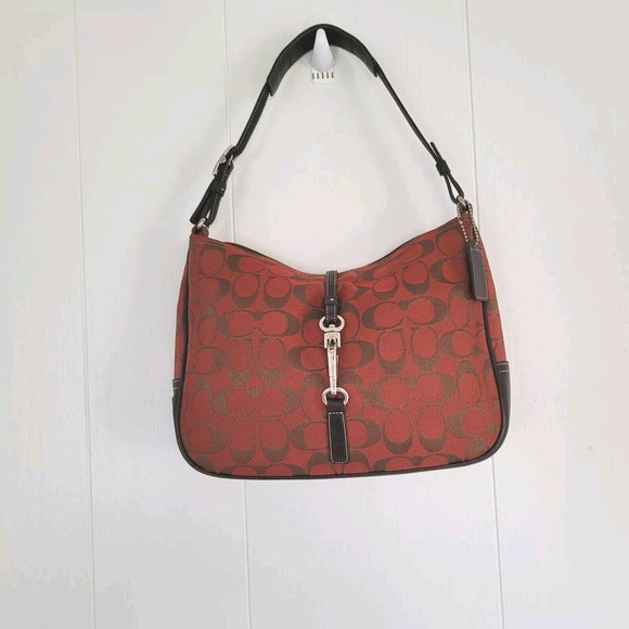 Coach Handbags - COACH Hampton Clip Brown Red Signature Jacquard Hobo Shoulder Bag 6091 Small